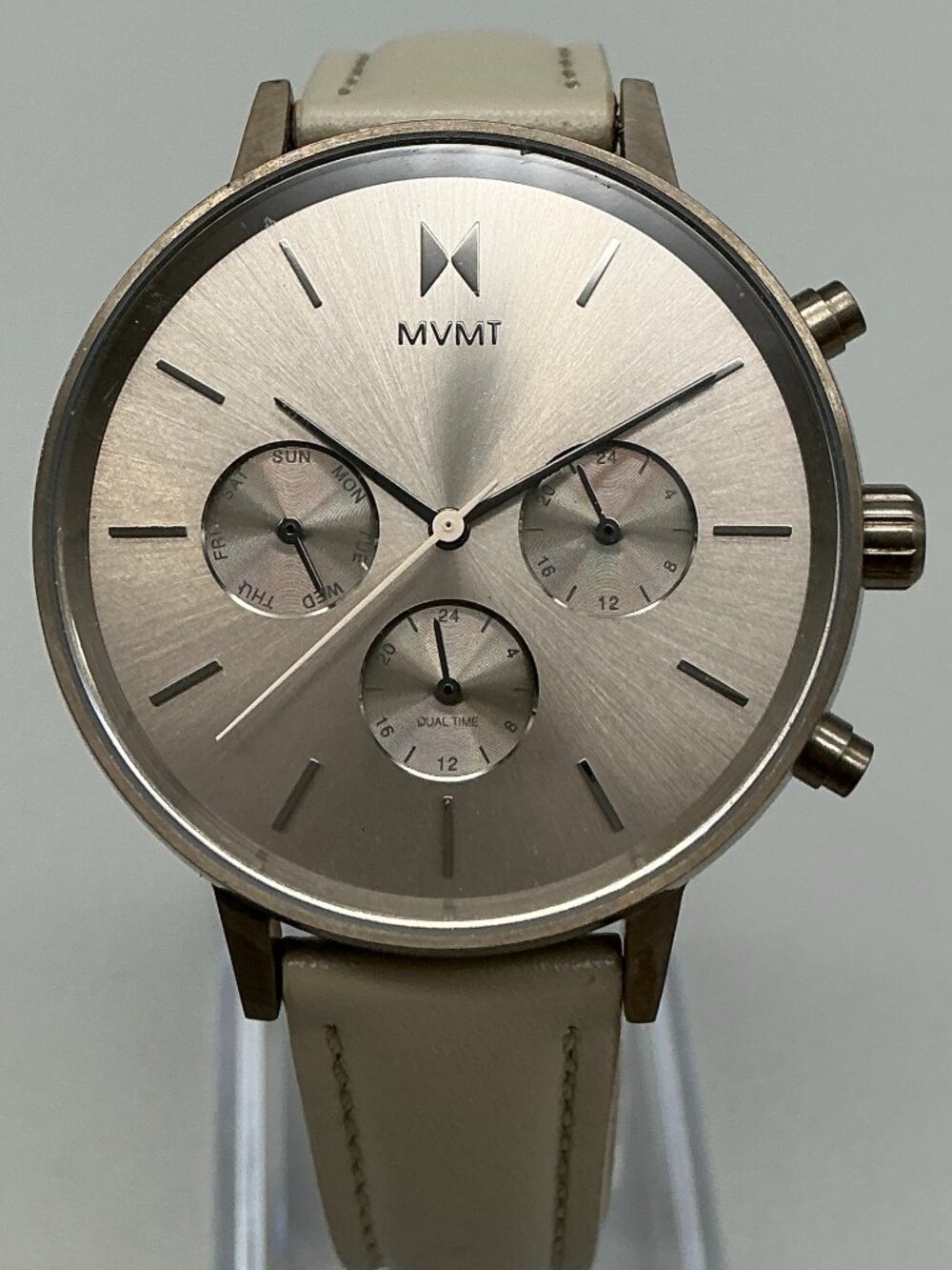 MVMT Nova Lyra Womens Watch 38mm Silver Tone Day Date Leather Band New Battery